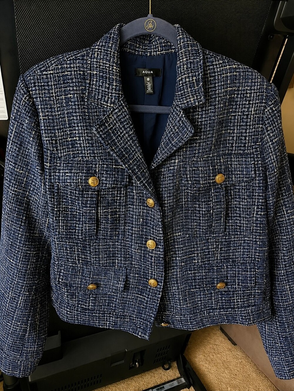 Aqua Navy Tweed Gold-Button Cropped Blazer Xxl